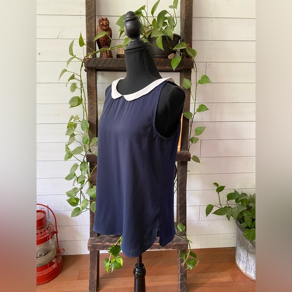 LOFT: Blue Sleeveless Blouse with White Peter Pan Collar - Picture 12 of 17